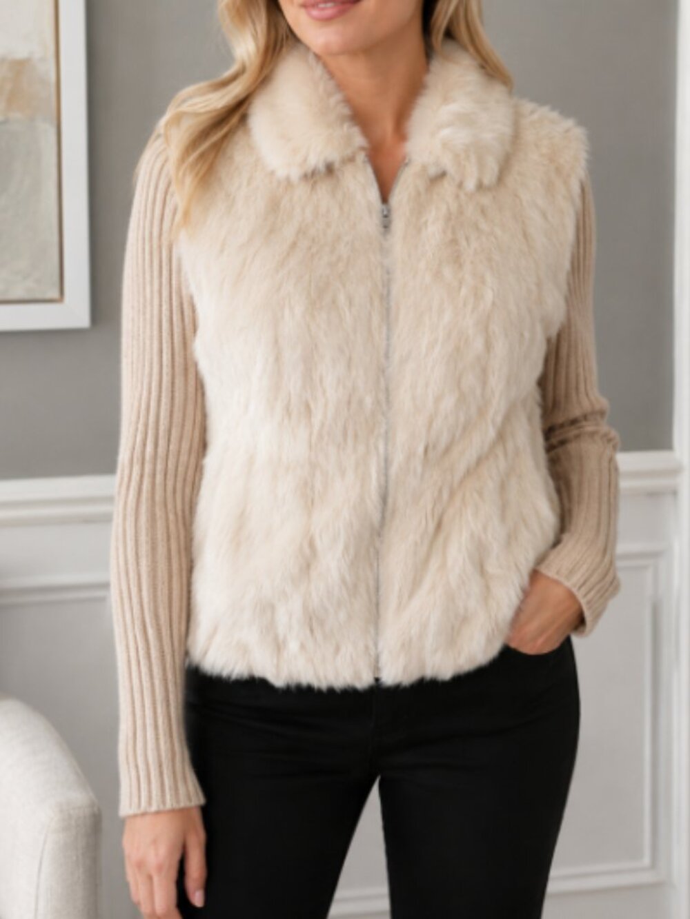 White House Black Market Cream Rabbit Fur Zip Cardigan Sz L Luxe Layer Neutral